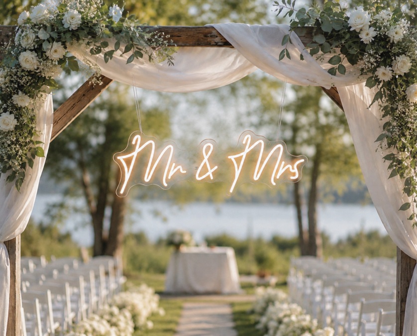 Mr & Mrs Neon Schild bei einer Boho-Hochzeit im Traubogen